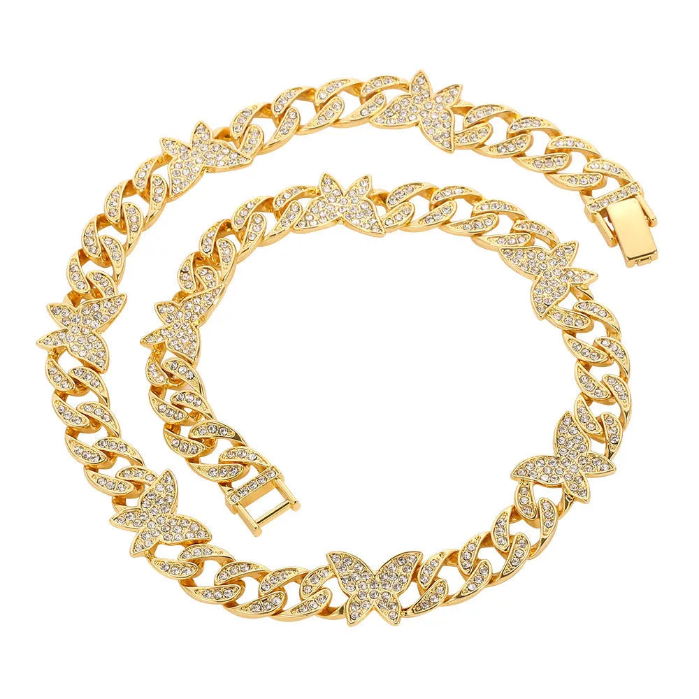 Small butterfly chain diamond rhinestone necklace in gold alloy with geometric pendant on 46cm chain