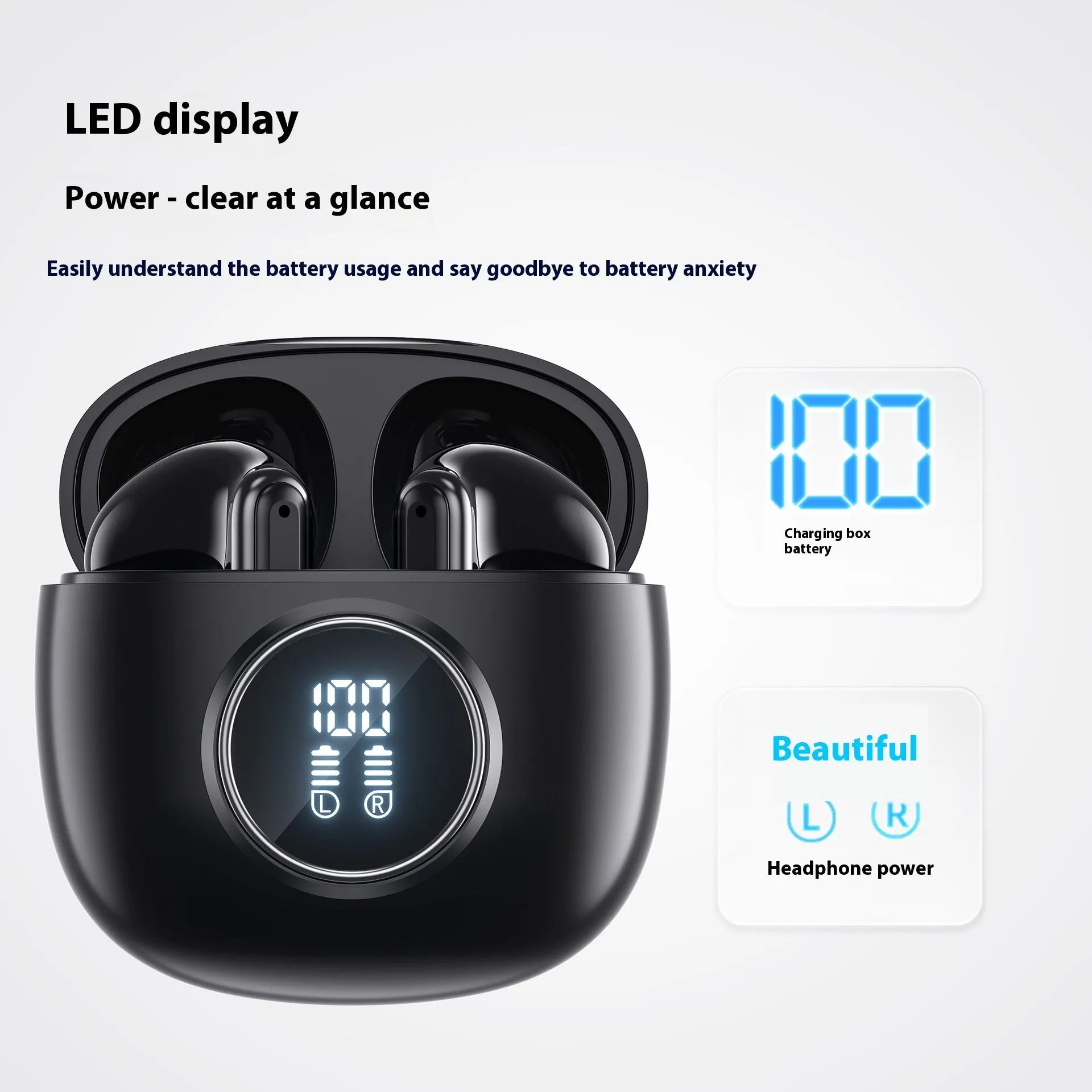 E40 TWS wireless Bluetooth headset with digital display charging case, e-sports in-ear design, black or white