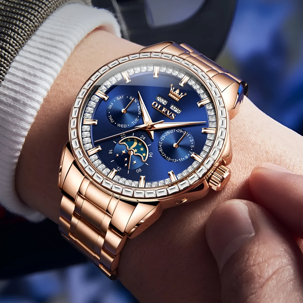 Men's stainless steel automatic watch with blue dial and exhibition caseback showing mechanical movement
