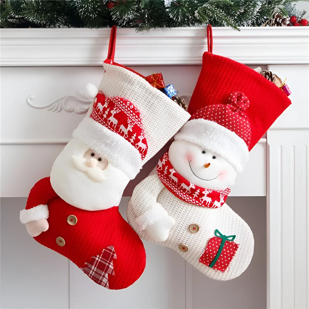 Large red and white knitted Christmas stocking with Santa Claus or Snowman design on a fireplace mantel