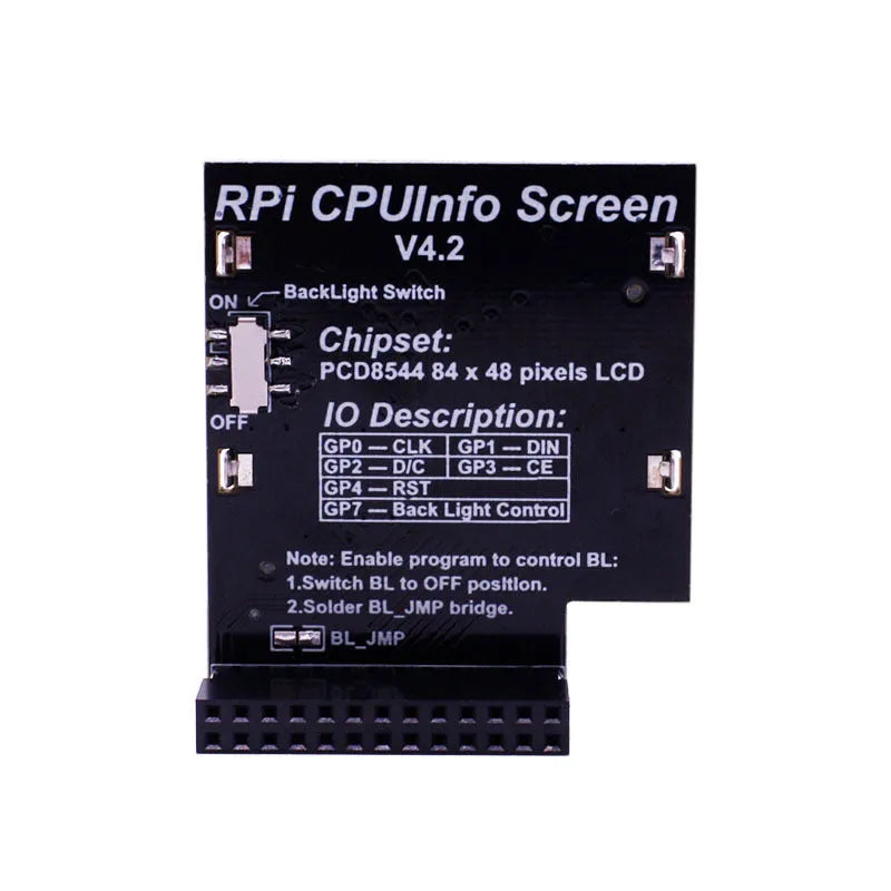 Raspberry Pi 1.6-inch LCD display module showing CPU data, with visible backlight switch on the side.