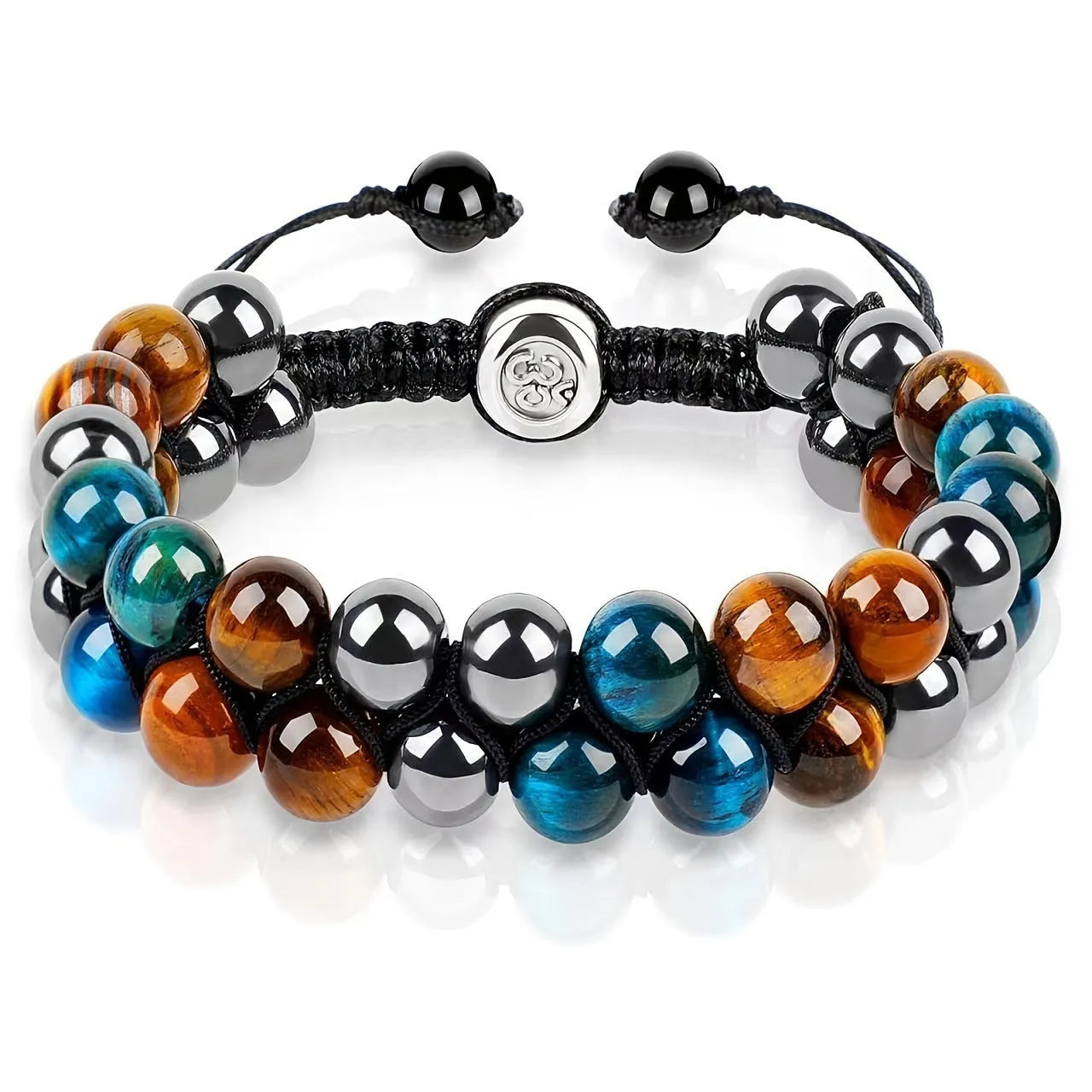 Close-up of a unisex alloy bracelet featuring green cat's eye tiger eye stones and red iron stone with an auspicious elephant charm.