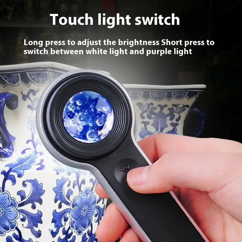 60x HD USB rechargeable LED magnifying glass 30mm lens silver black