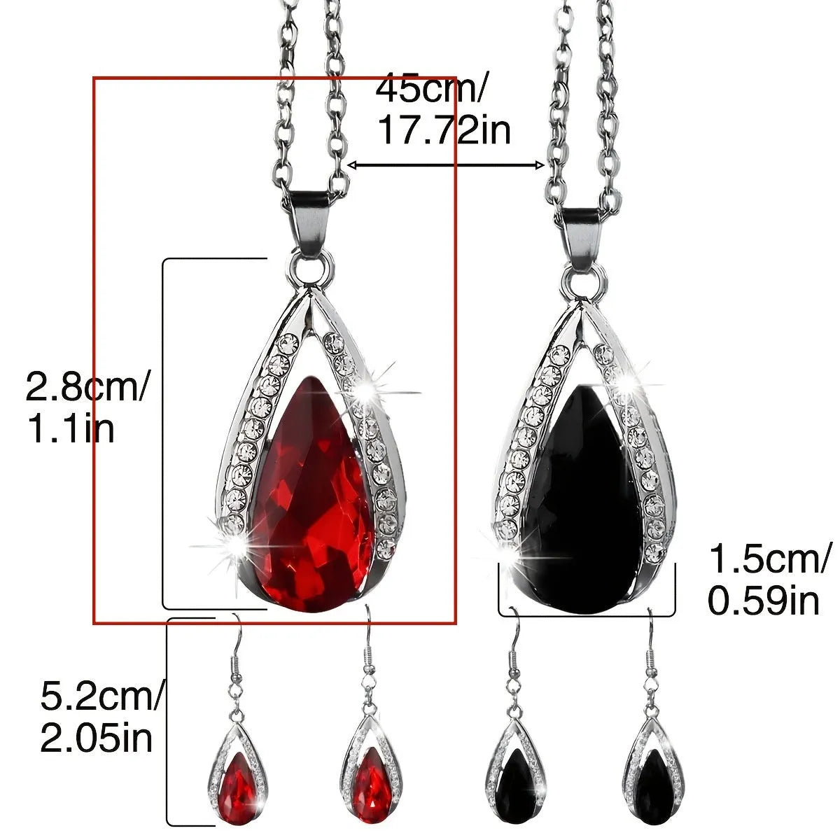 Black and red teardrop glass pendant necklace and matching earrings set on a grey background