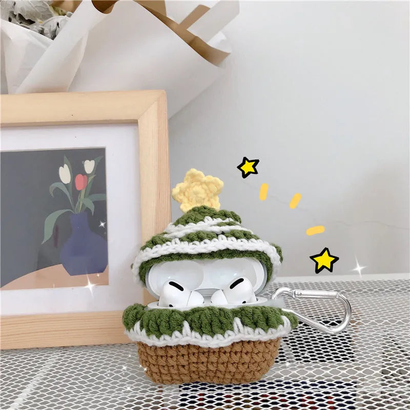 Green knitted Christmas tree Bluetooth headset case for Apple AirPods with hook, flip-style lid