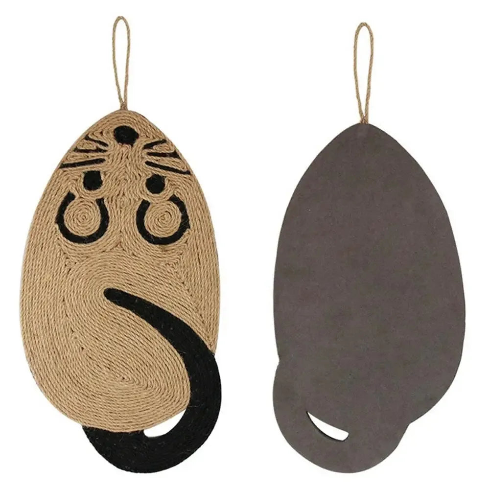 Panda pattern cat scratching mat with sisal surface on grey EVA base, showing dimensions.