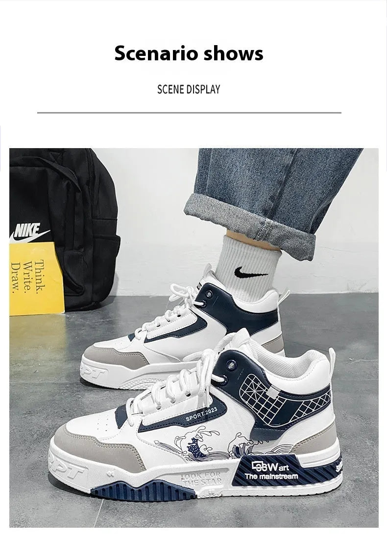 Men's high-top board shoes in beige with mesh lining and rubber sole