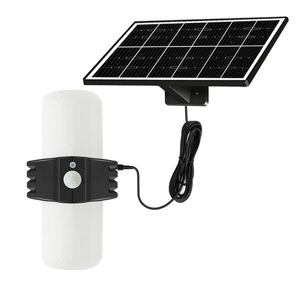 Black outdoor solar floodlight with motion sensor and solar panel on wall bracket
