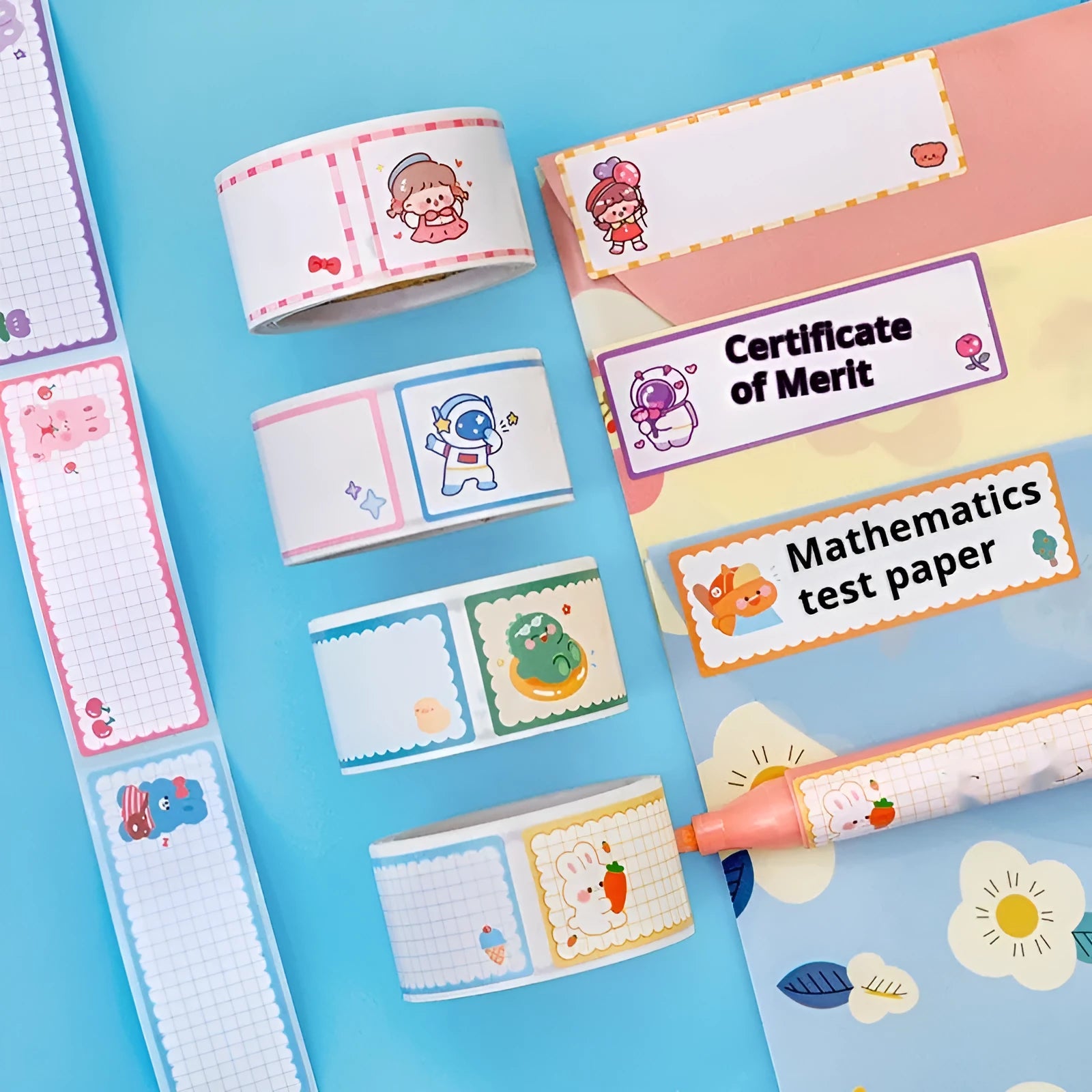 Roll of colourful cartoon name tape stickers showing dinosaur, astronaut, rabbit, and girl designs.