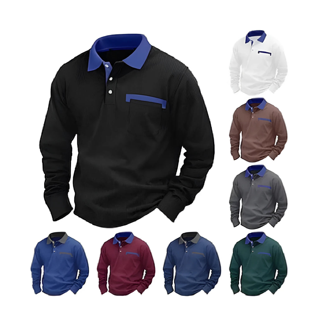 Men's long-sleeved waffle knit polo shirt in a loose fit, shown in a dark green colour.