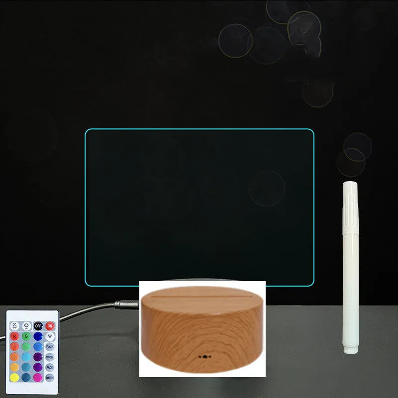 3D acrylic LED message board with touch control, black ABS base, USB cable, and stylus pen on desk