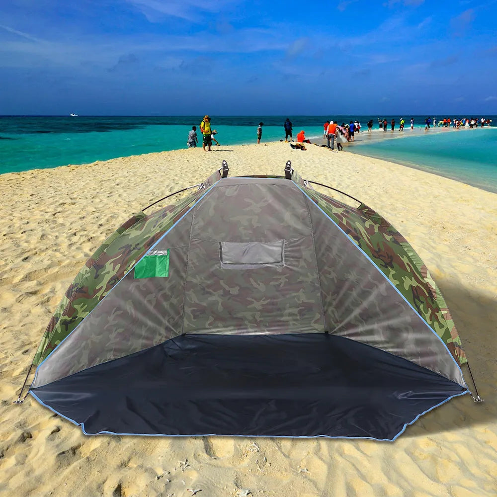 Green single-layer Oxford cloth fishing beach tent with fibreglass poles, 220 x 120 x 120 cm, for two persons