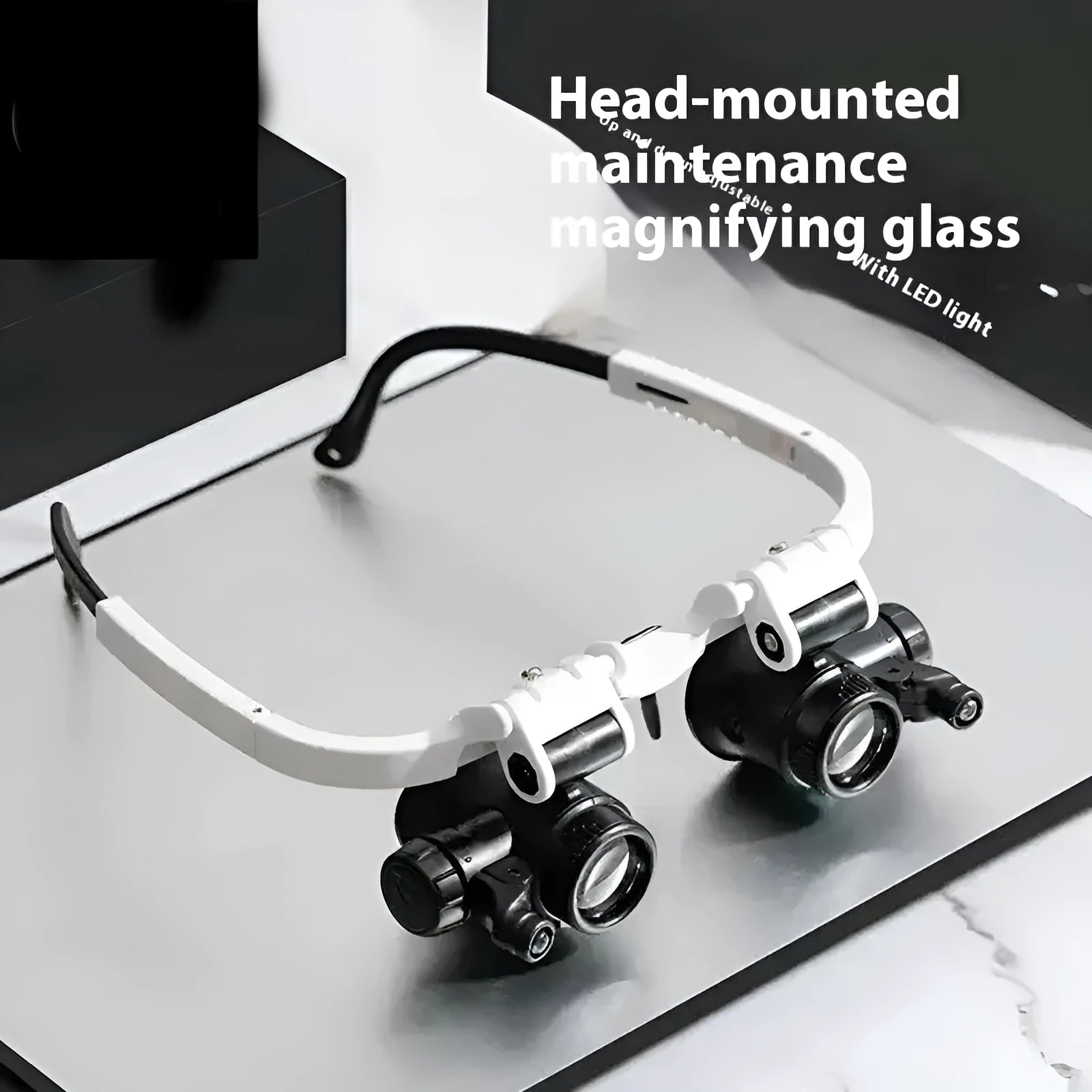 White head-mounted magnifying glass with LED light, shown folded and unfolded, for watch and circuit board repair.