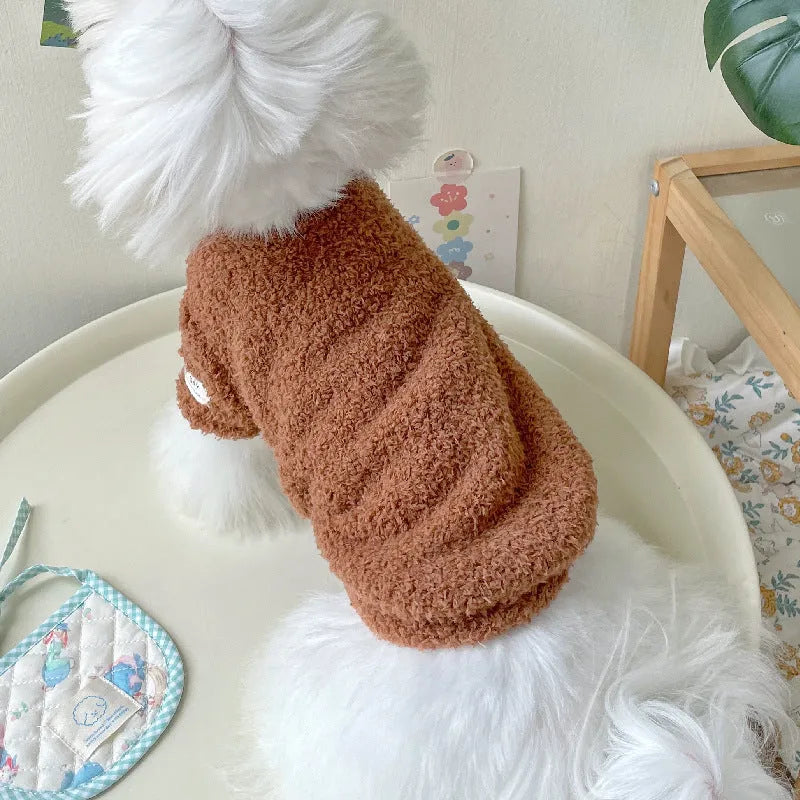 Brown double-sided cloud velvet dog jacket showing thickened polyester construction for pet warmth