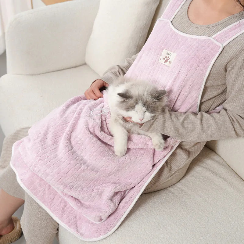 Cat petting apron in cloth material showing colour options including pink, light blue, light purple and striped patterns