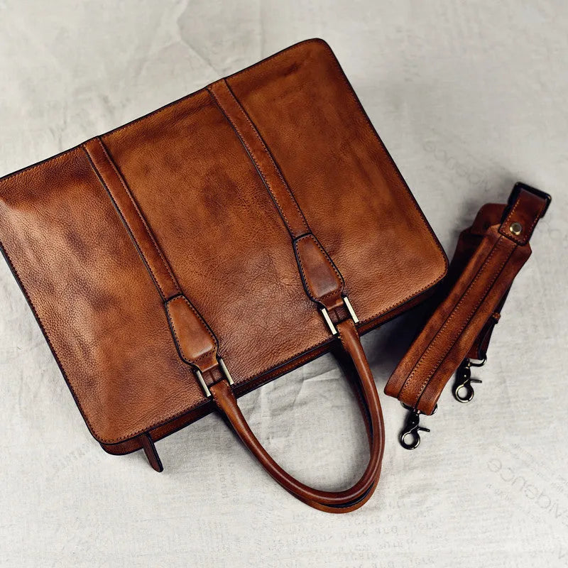 Men's 14 inch horizontal square leather handbag in business style with zipper