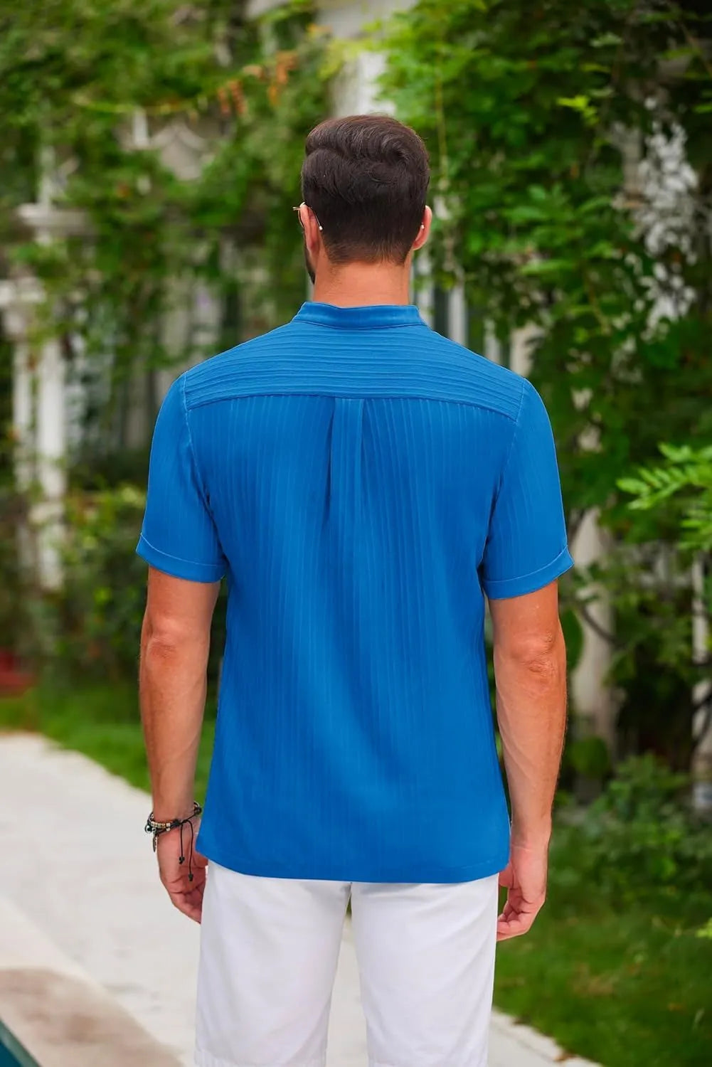 Men's summer short sleeve polo shirt with stand collar and buttons in solid colour stripe, loose fit, black colour option