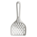 Grey plastic cat litter scoop with storage base showing self-cleaning slots and ergonomic handle