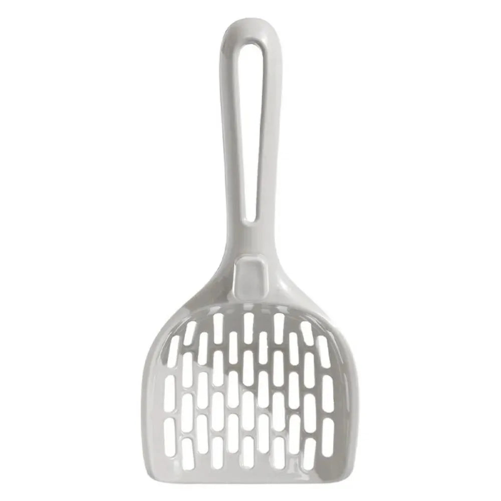 Grey plastic cat litter scoop with storage base showing self-cleaning slots and ergonomic handle