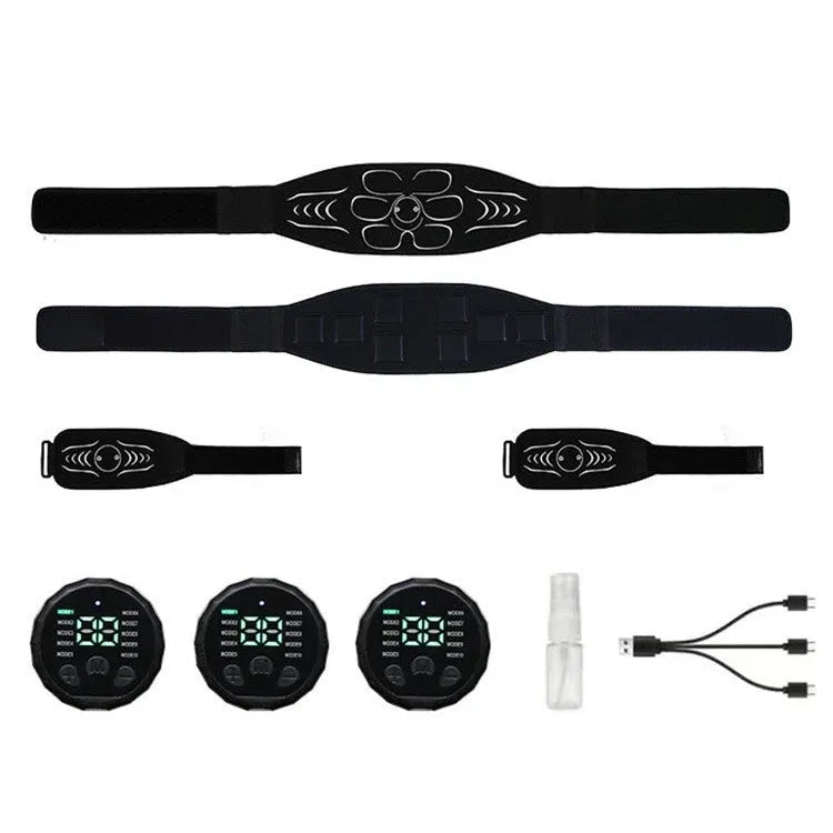 Silicone EMS belly shaping belt with stimulator unit, belt, and hand straps on a white background