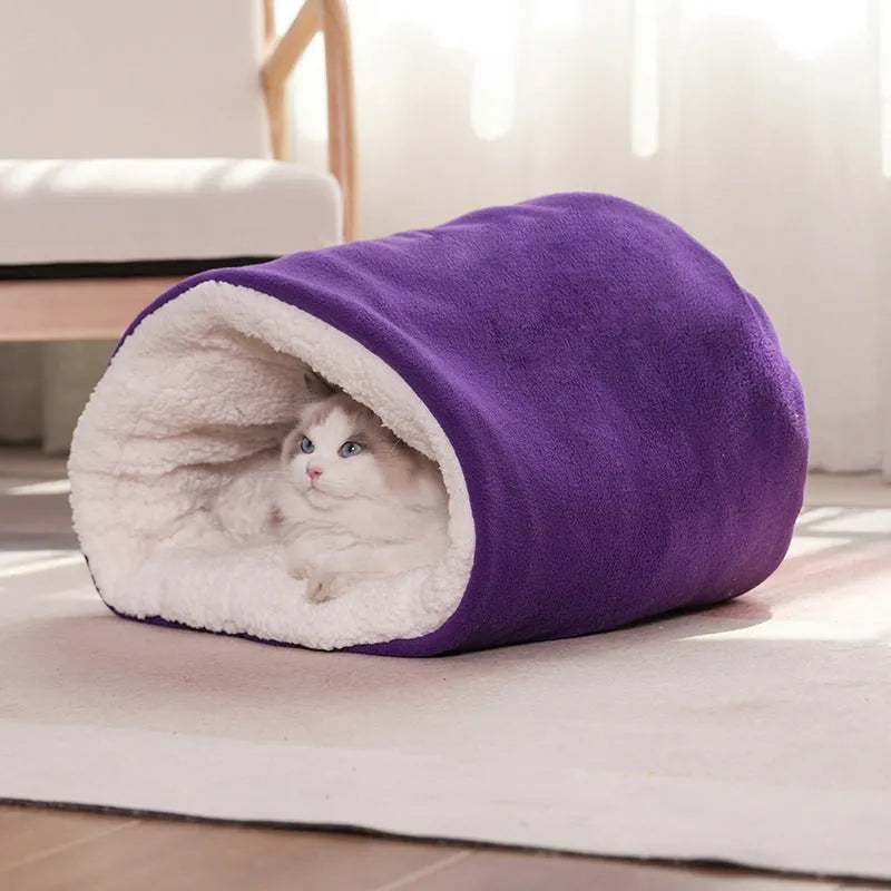 Semi-enclosed cloth cat nest for winter, available in small or large sizes and blue or gray colours