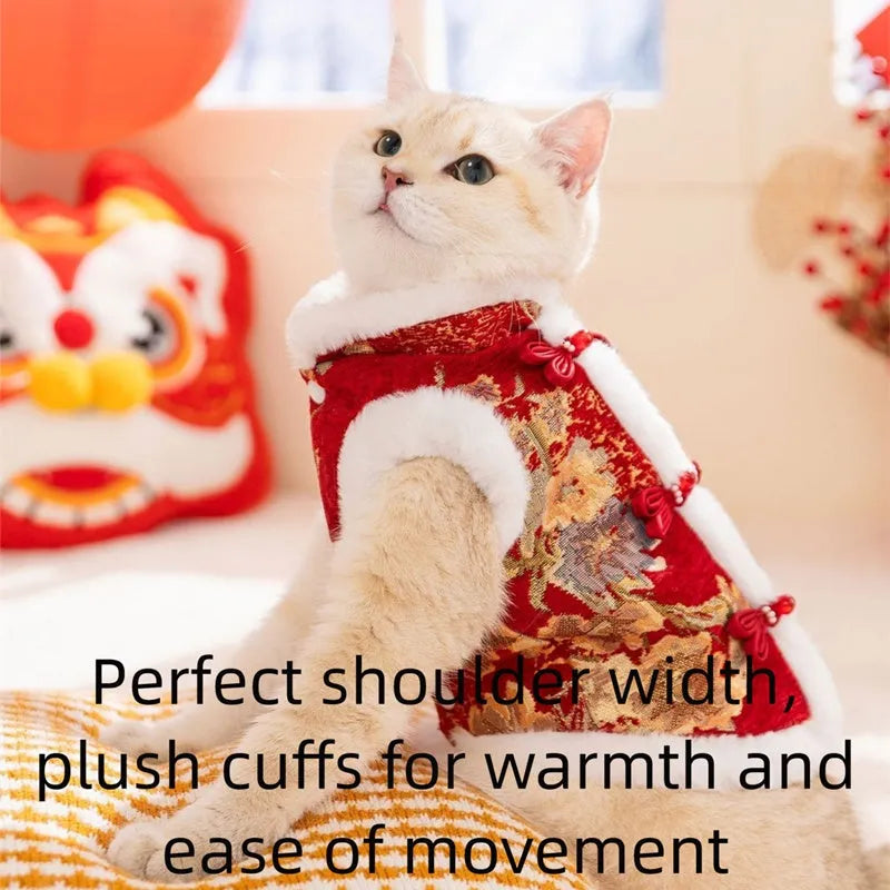 Red brocade pet vest with Chinese knot buttons and faux fur trim for Lunar New Year