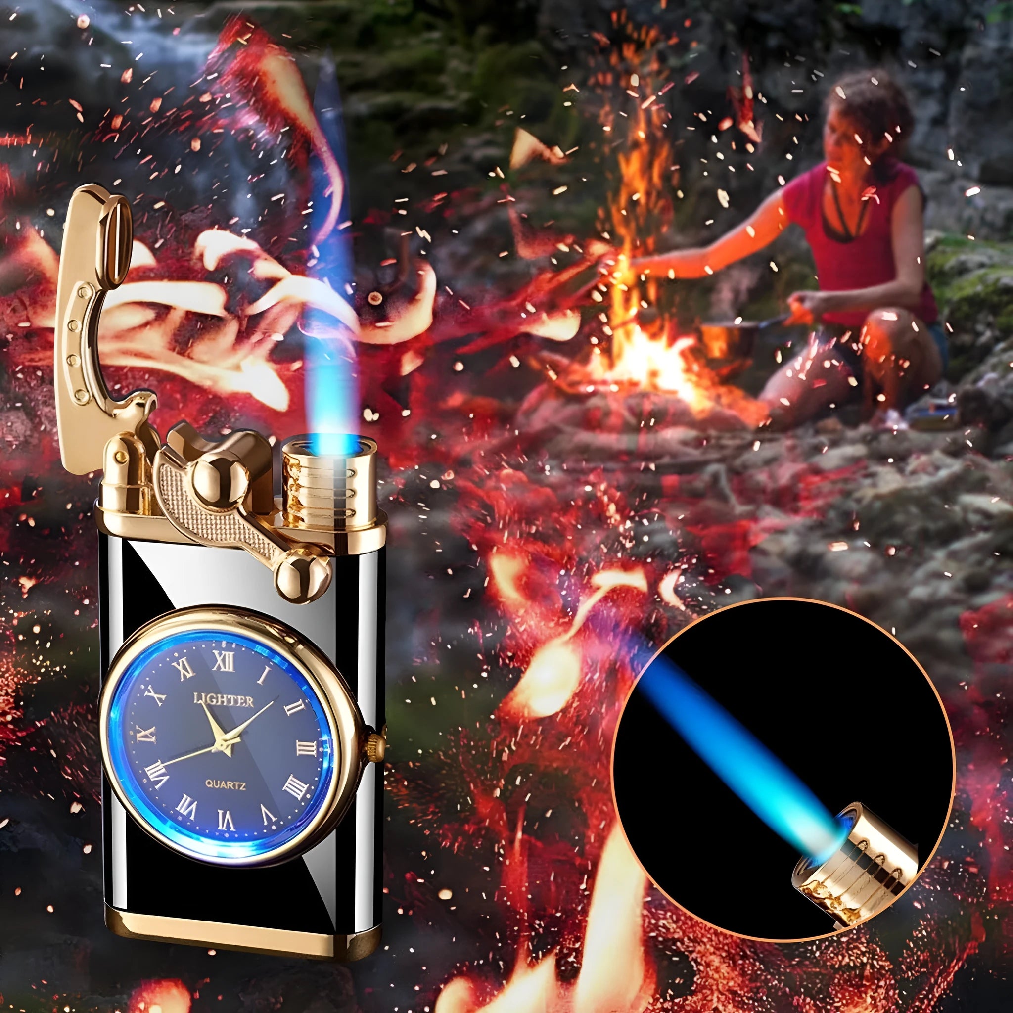 Men's wristwatch lighter with electric ignition and adjustable blue flame on zinc alloy case