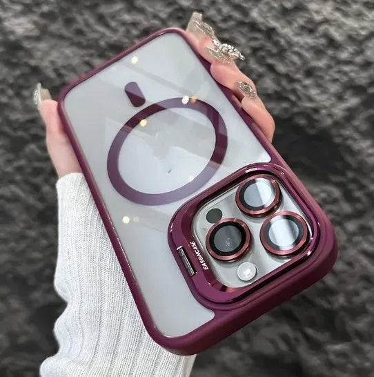 Acrylic transparent phone case with magnetic lens bracket in navy blue for iPhone 17 series