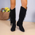 Women's brown fringe chunky heel suede tassel boots with pointed toe, slip-on style