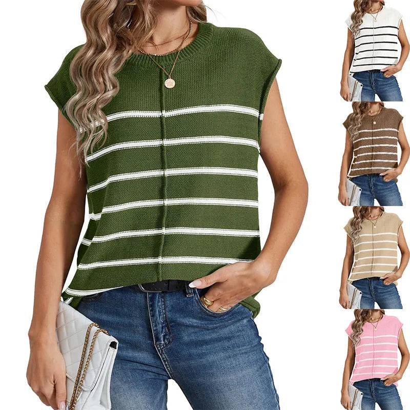 A woman's striped sleeveless V-neck pullover vest on a hanger, showing seam bone stitch detail.
