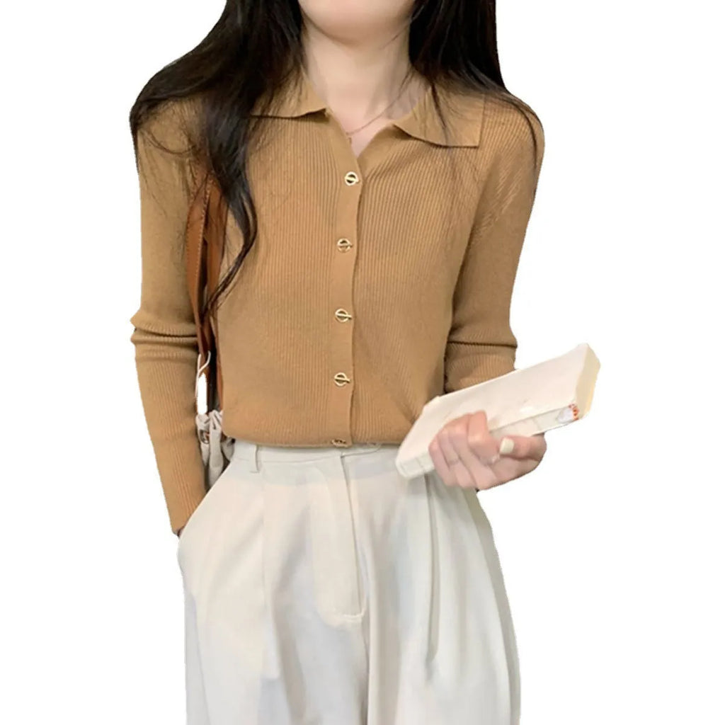 Women's long-sleeved loose fit viscose cardigan top in beige, shown as a layering piece.
