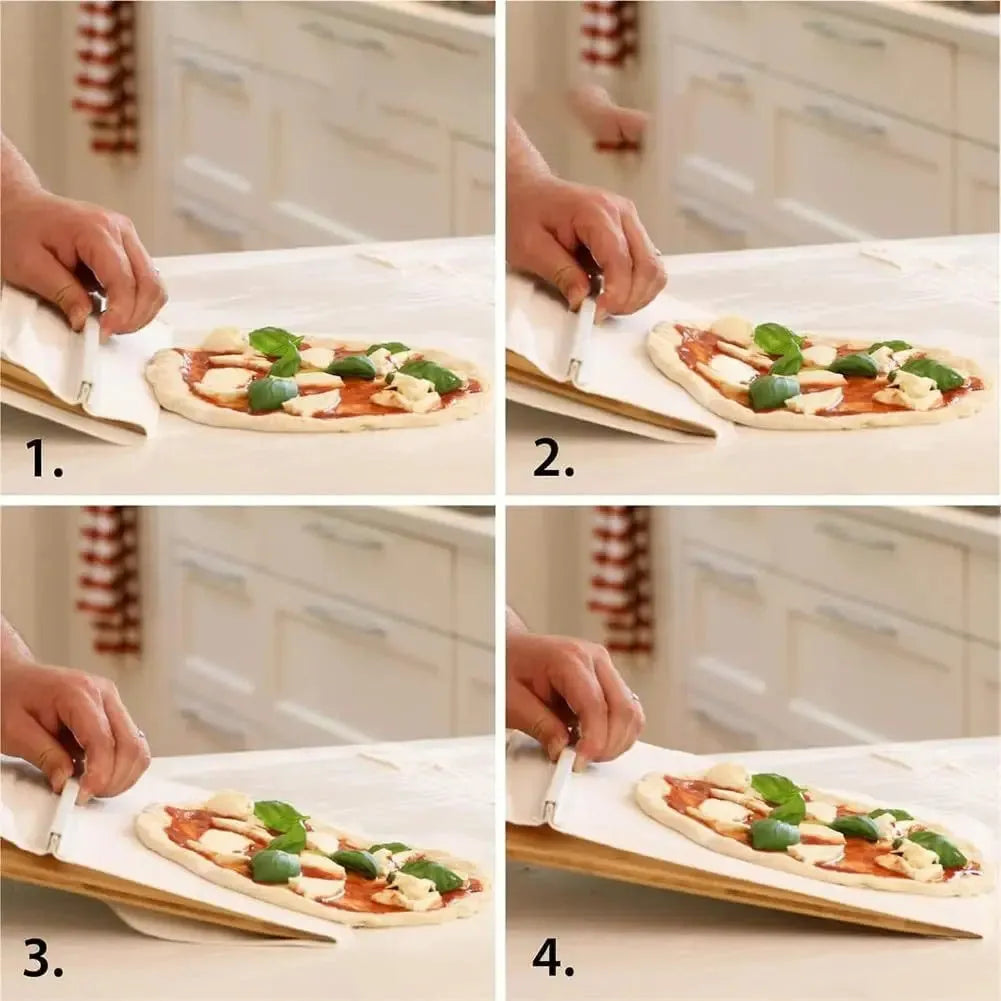 White food-grade PP plastic pizza transfer shovel with a hanging hole, shown on a kitchen counter.