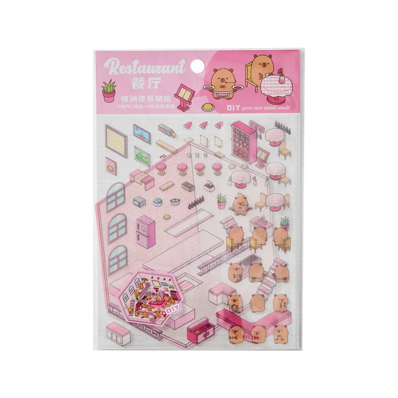 Eight themed landscaping hand account stickers including pink restaurant, yellow bakery, green hot spring, and blue fruit shop designs.