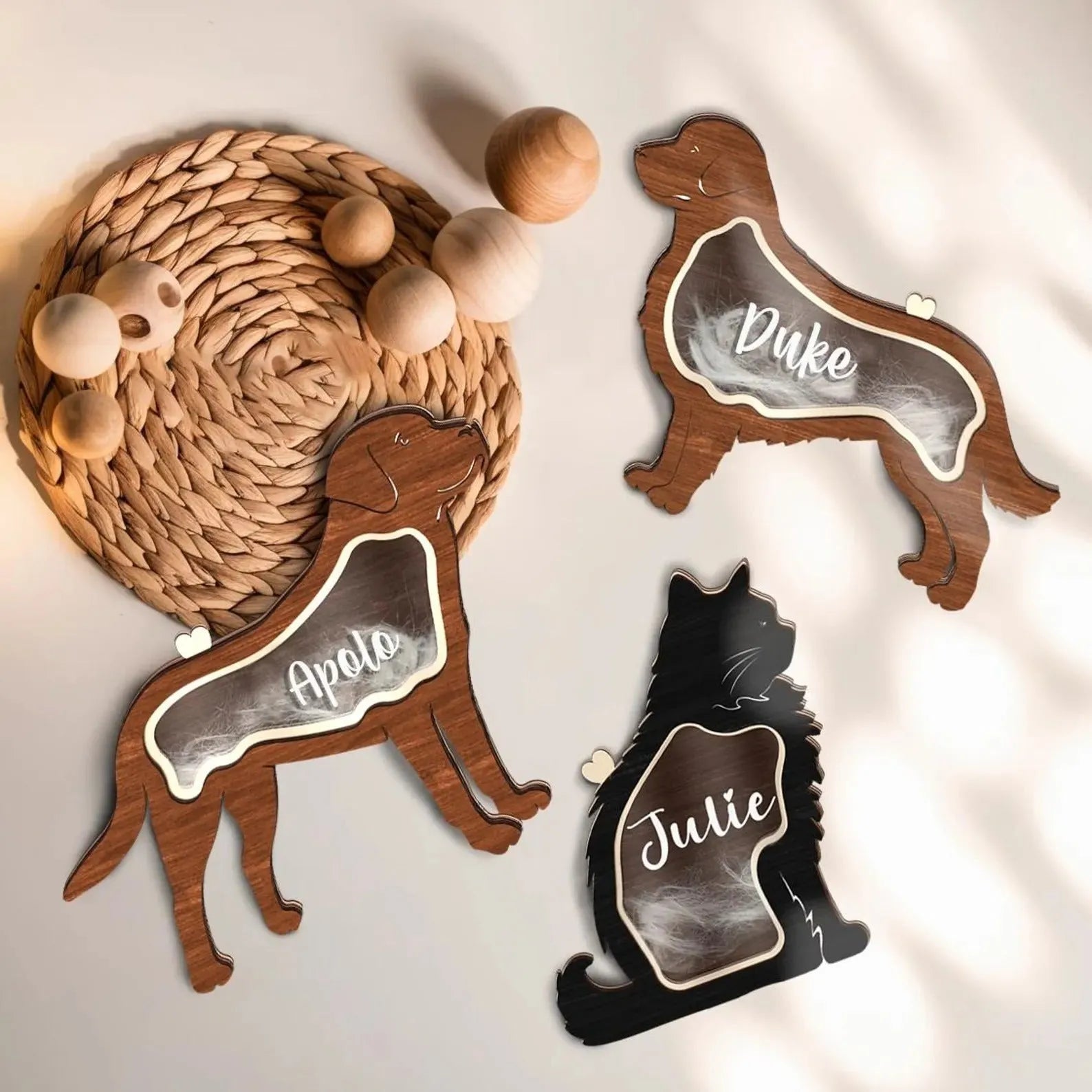 Creative wooden pet hair storage box in black C4 style for organising pet grooming tools.