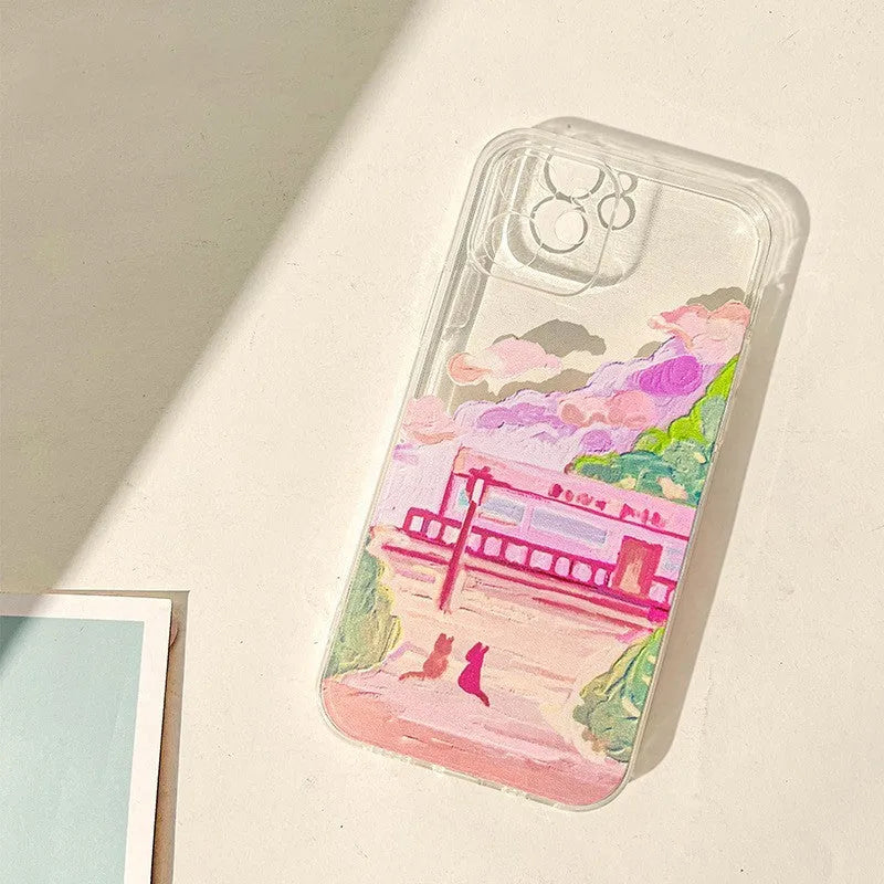 Soft silicone iPhone case with a colourful two cat cartoon design on the back
