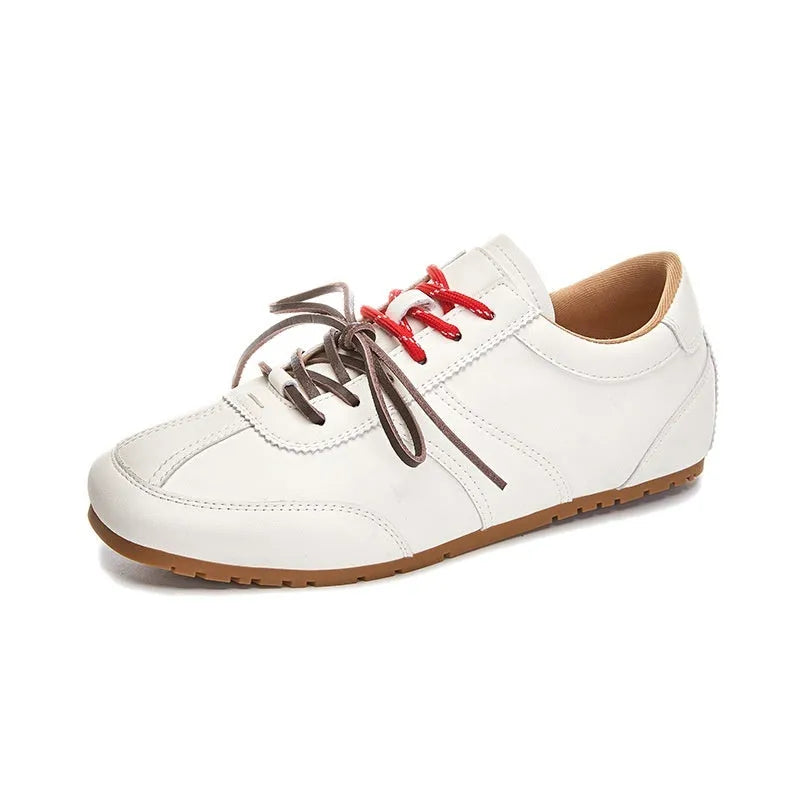 Women's white casual shoes with horsehair flocking texture, round toe and flat heel with lace-up front