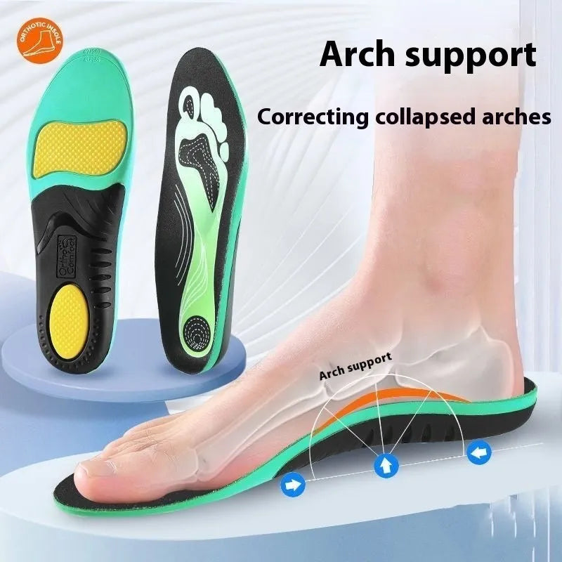 Blue and green PU foam flat foot correction insoles for arch support, shown with size markings.