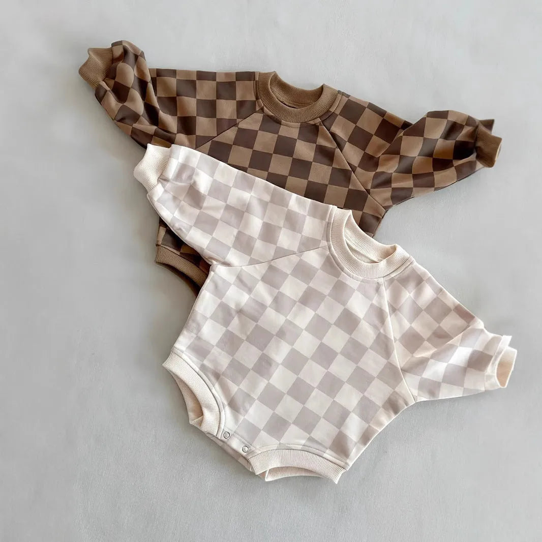 Baby cotton chessboard plaid pullover jumpsuit in brown plaid, long sleeves, neutral style