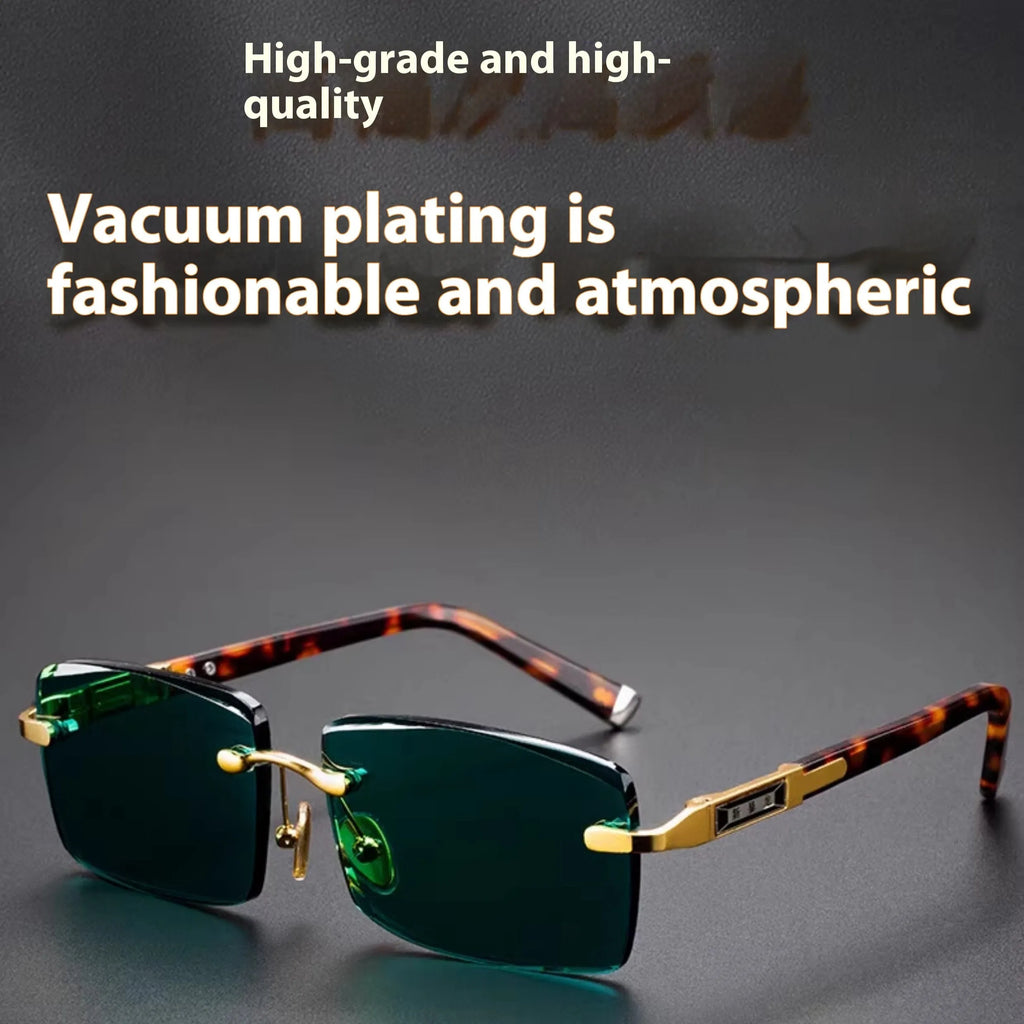 Frameless dark green crystal sunglasses with a minimalist design on a case, showcasing the tinted single-lens construction.