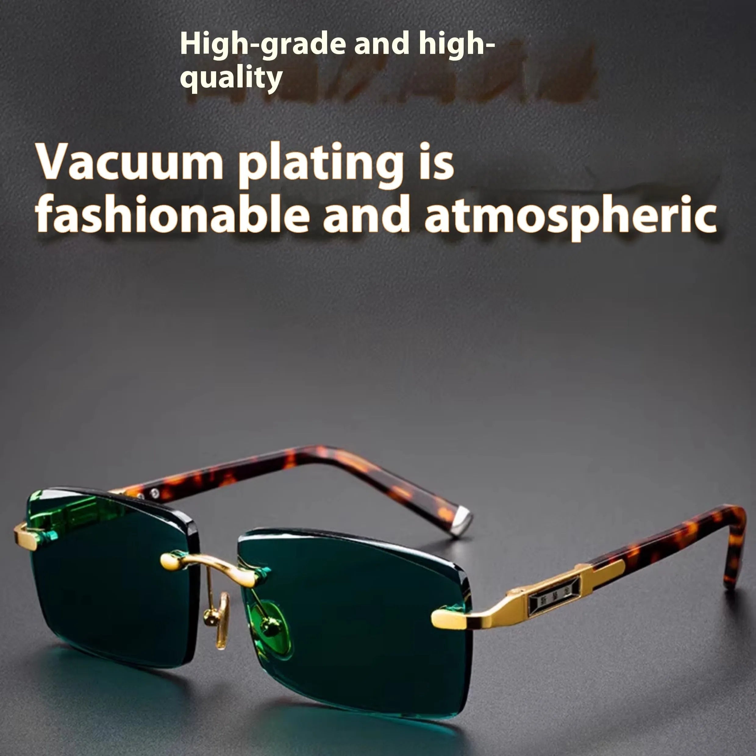 Frameless dark green crystal sunglasses with a minimalist design on a case, showcasing the tinted single-lens construction.
