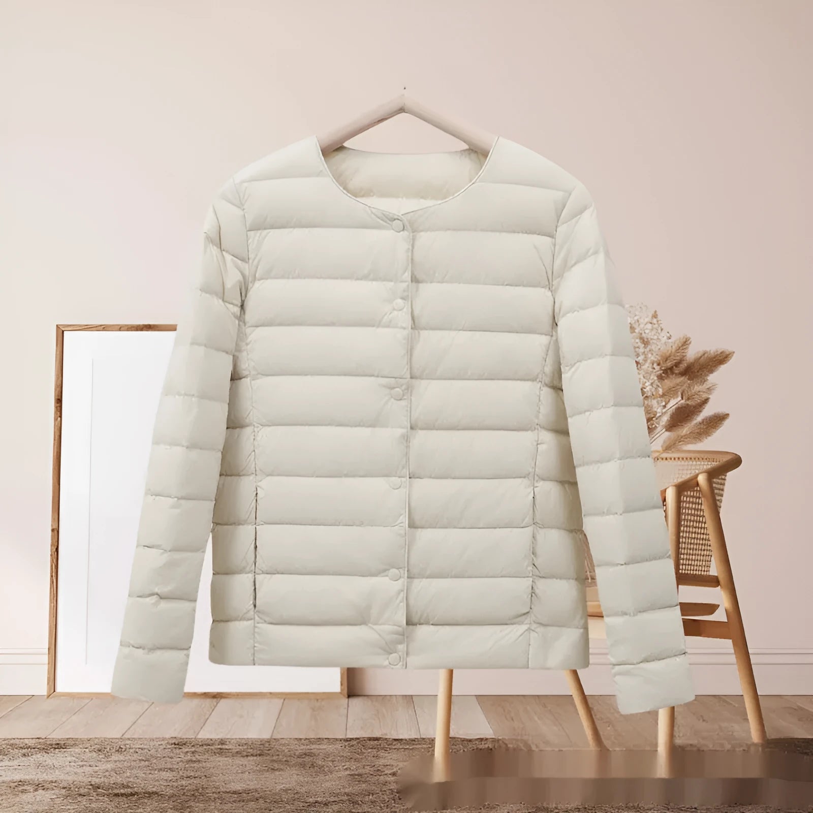 Women's lightweight cotton-padded jacket loose fit solid colour long sleeve autumn winter beige polyester