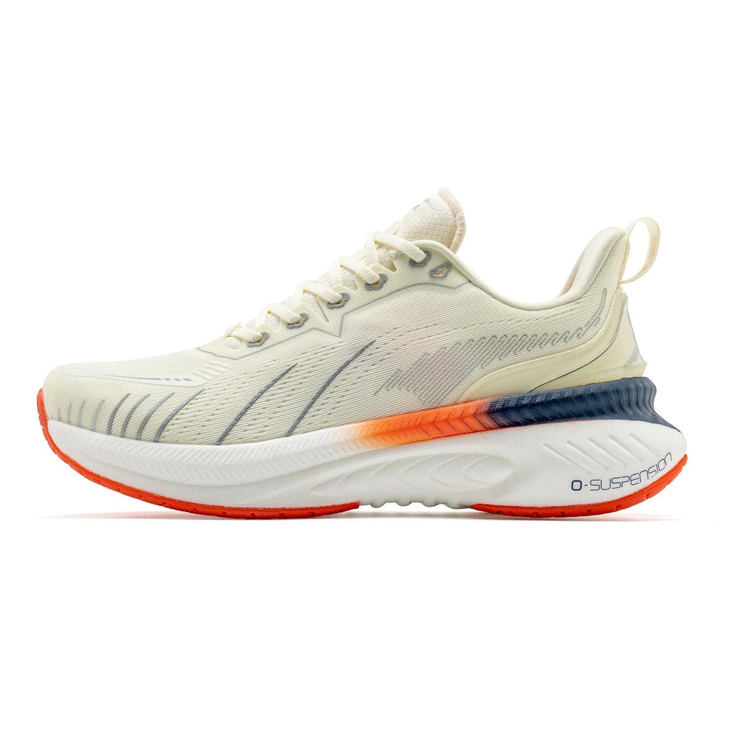 Low-top running sneakers in red with shock absorption features and a breathable mesh upper.