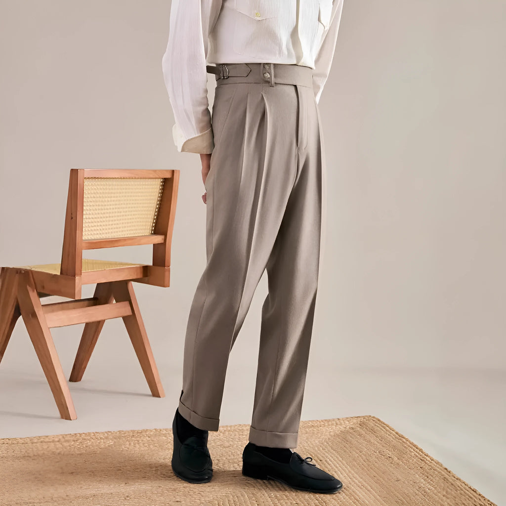 Paris buckle straight suit trousers in black polyester micro-elastic fabric with adjustable waist