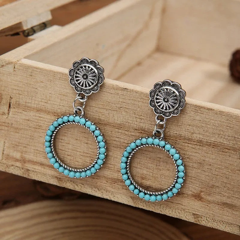 Antique silver alloy geometric round turquoise earrings for women, 2.2 by 4.2 cm drop