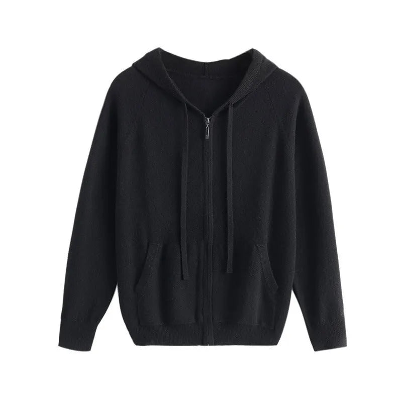 Man wearing a solid colour cashmere knitted cardigan with a zipper and hood.