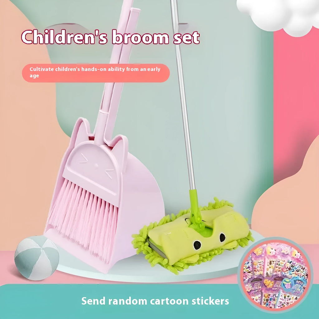 Broom and dustpan cleaning set with rotating brush holder in purple, green, or beige colours