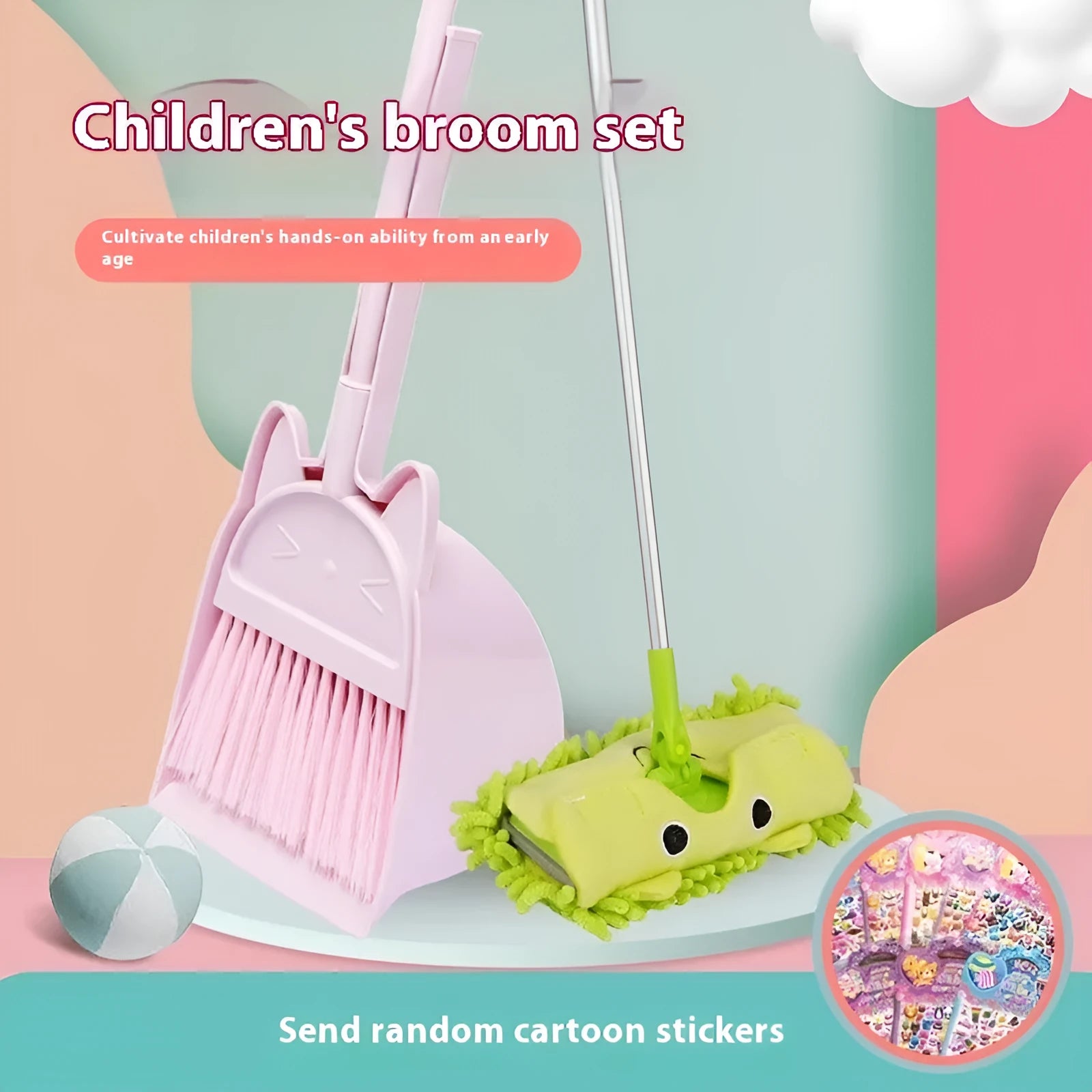 Broom and dustpan cleaning set with rotating brush holder in purple, green, or beige colours