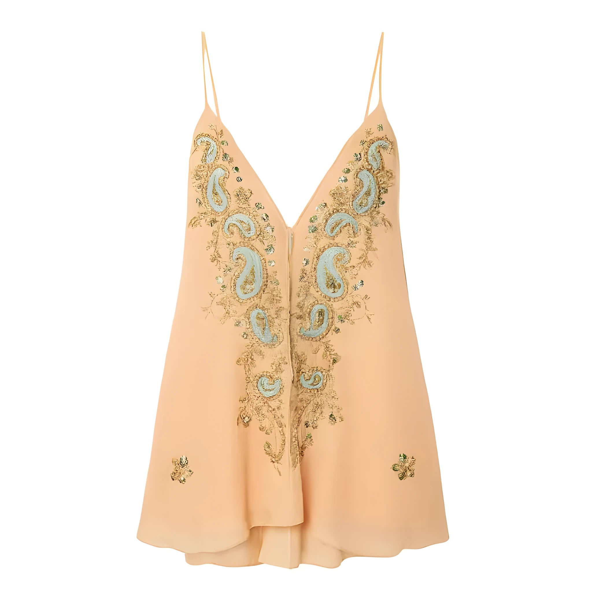 Light yellow women's V-neck strap dress with ethnic print pattern, sleeveless short skirt.