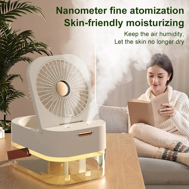 USB desktop humidifier spray fan with remote control in pearl white or forest green, showing 2.5L water tank and dual spray nozzles