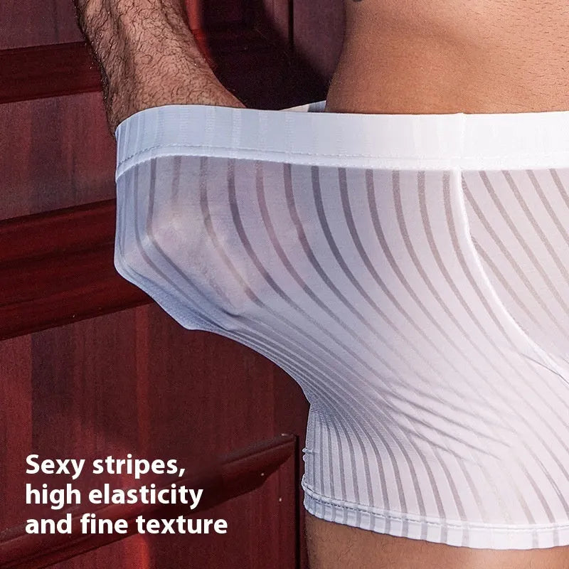 Men's black vertical-striped boxer briefs laid flat, showing elasticated waistband and leg openings.
